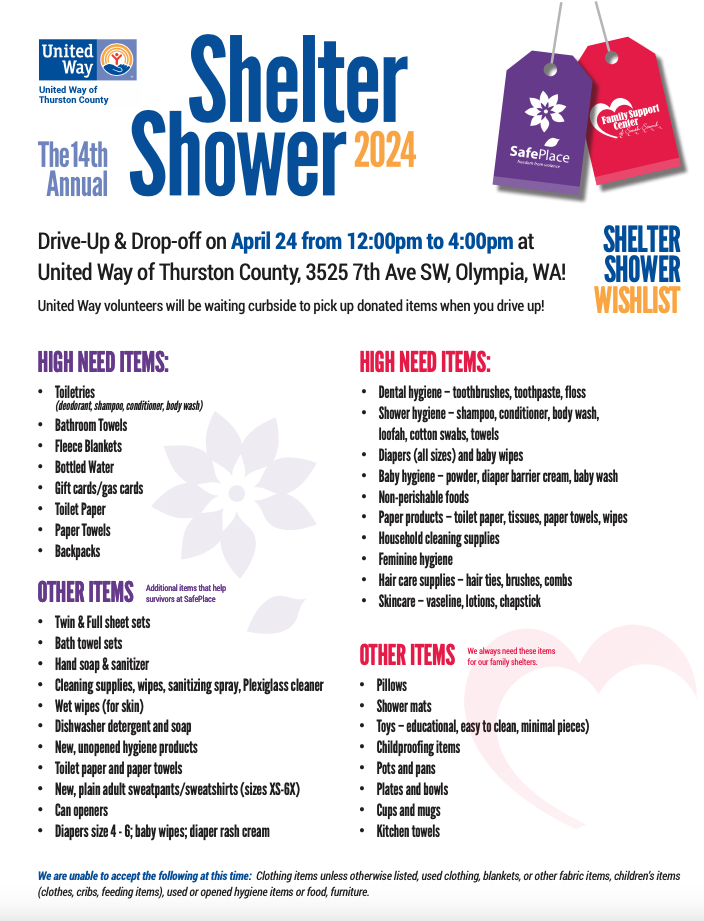 Shelter Shower Wish List