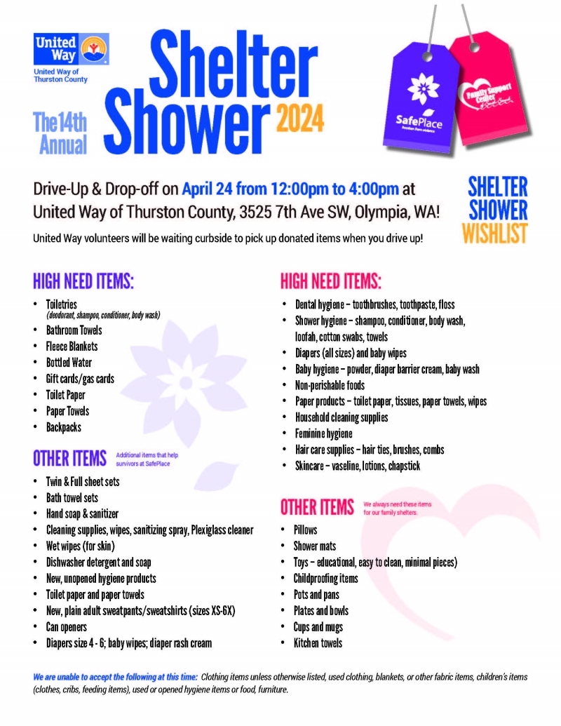 Shelter Shower Wish List